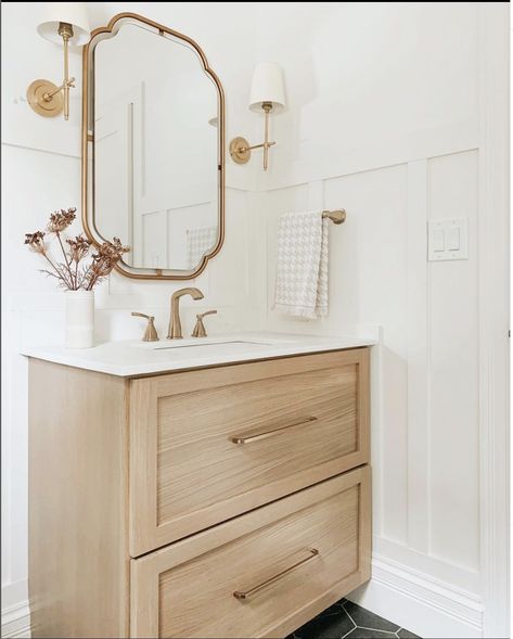 Floating Wood Vanity Powder Room, Half Bath Wood Vanity, Natural Half Bathroom Ideas, Powder Bath Wainscoting, 36” Bathroom Vanity Ideas, Small Floating Bathroom Vanity, French Country Half Bath, Powder Room Floating Vanity, Wainscoting Powder Room