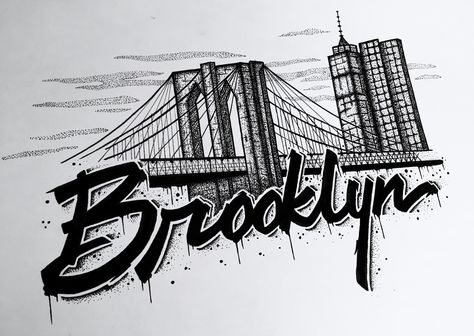 Brooklyn Typography Illustration. Artist: Kurt Smale Brooklyn Bridge Tattoo Ideas, Brooklyn Bridge Tattoo Design, Brooklyn Tattoo Ideas New York, Brooklyn Tattoo Ideas, Brooklyn Typography, Calligraphy Tattoo Fonts, New York Drawing, Bridge Tattoo, Half Sleeve Tattoo Stencils