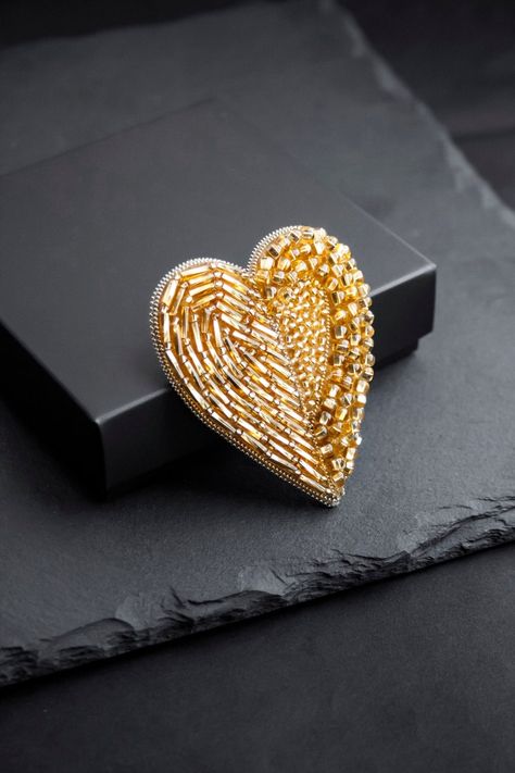 Embroidered Brooch Golden Heart Pin Beaded Brooch, Gift for Her - Etsy