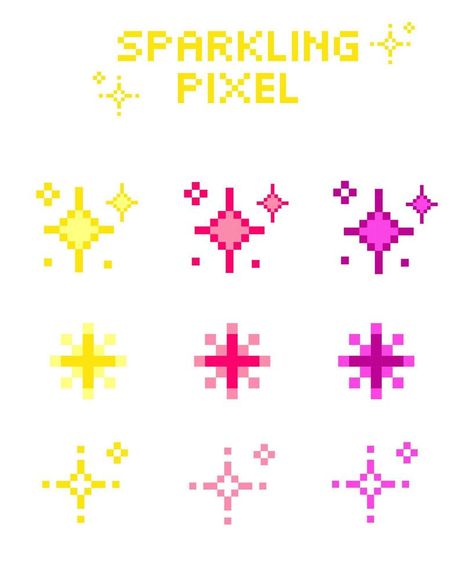 Sparkling pixel set, vector sparkling pixel set, Bright yellow pink purple sparkling pixel Flame Princess Pixel Art, Pixel Words Design, Pixel Gaming Aesthetic, Sparkle Cross Stitch, Pixel Art Sparkle, Pixel Chic Toy, Pixel Art Shapes, Pixel Illustration Graphic Design, 5x5 Pixel Art