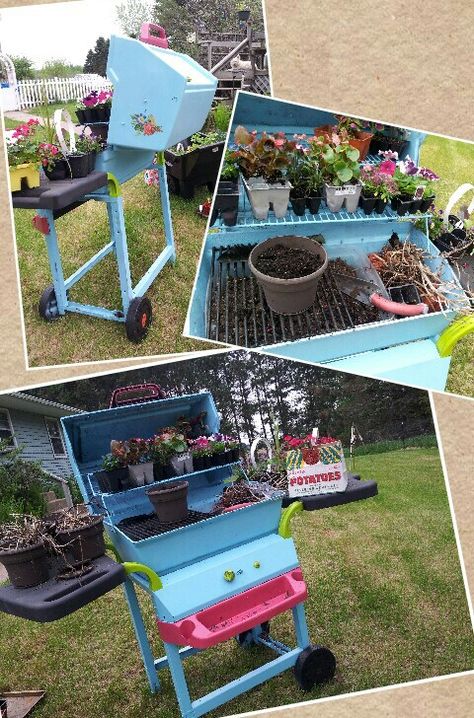 BBQ Grill Potting bench : ) Made by my friend Amanda! Potting Bench Upcycled, Repurposed Gas Grill, Old Bbq Grill Repurpose, Potter Bench, Repurposed Grill, Diy Plant Pots Recycled, Plant Pots Recycled, Tin Flower Pots, Diy Plant Pots