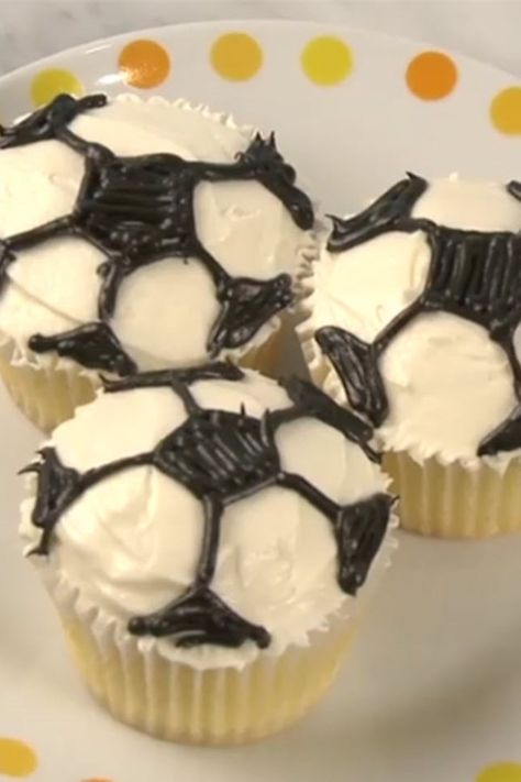 How to Decorate Soccer Cupcakes | "You can turn any cupcakes into little soccer balls. Perfect for watching the World Cup or to bring to your kid's soccer game as a treat." #cupcakerecipes #bakingrecipes #dessertrecipes #cupcakeideas Soccer Cupcakes, Soccer Birthday Parties, Fun Decorations, Soccer Birthday, Blue Food Coloring, Allrecipes Recipes, Soccer Party, Soccer Game, Cupcake Frosting