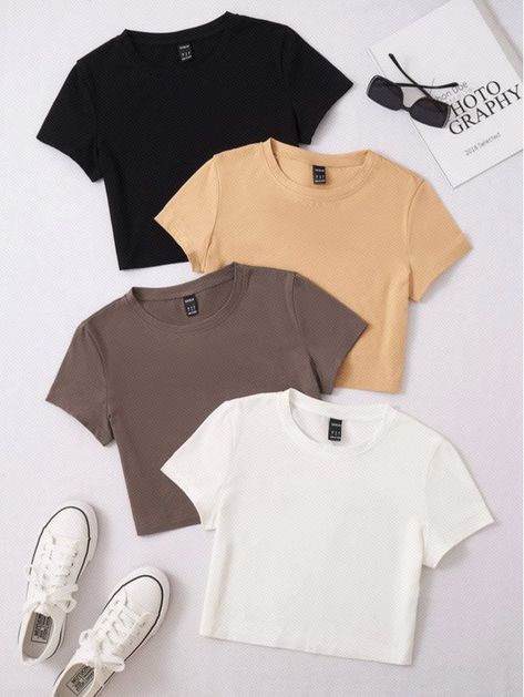 Shein Outfits, Basic Fits, Stylish Work Outfits, Cropped Tops, Women T Shirts, Teenage Fashion Outfits, Looks Style, Dream Clothes, Women Tops