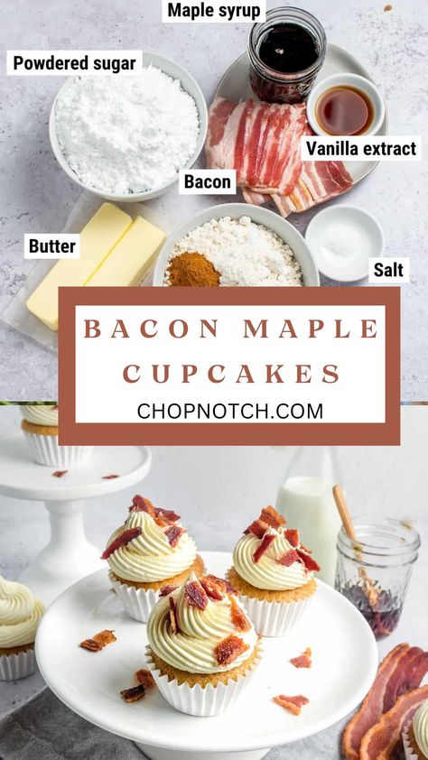 Experience the perfect blend of savory and sweet with our Bacon Maple Cupcakes! These unique cupcakes feature a moist maple-flavored base topped with creamy maple frosting and crispy bacon bits, creating an irresistible flavor combination. Ideal for adventurous foodies and special occasions, these cupcakes offer a delightful twist on traditional desserts.#BaconMapleCupcakes #SweetAndSavory #ChopNotchRecipe #UniqueDesserts #CupcakeLovers #BakingInspiration #DeliciousTreats #MapleFlavor Maple Cupcakes, Maple Buttercream Frosting, Sweet Bacon, Fast Easy Desserts, Traditional Desserts, Maple Frosting, Unique Cupcakes, Drink Inspiration, Unique Desserts