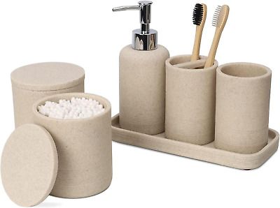 Beige Bathroom Accessories Set - 6-Piece Countertop Vanity Organizer  | eBay Rustic Bathroom Shelves, Bathroom Stand, Bathroom Vanity Tray, Vanity Organizer, Stainless Steel Paint, Counter Top Accessories, Bathroom Tumbler, Organizer Bathroom, Bad Set