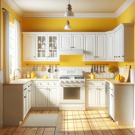 white kitchen cabinets and yellow walls White Kitchen Yellow Walls, Yellow Kitchen Paint, Yellow Country Kitchens, Yellow Kitchen Walls, Yellow Kitchen Designs, Kitchen Color Yellow, Best Wall Colors, Kitchen Wall Colors, Dream Kitchens Design