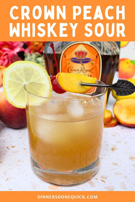 Peach Whiskey Sour, Peach Whisky Cocktails, Crown Royal Peach Drinks Recipes Easy, Cocktails With Peach Schnapps, Vanilla Crown Royal Drinks Recipes, Peach Crown Royal Drink Recipes, Crown Royal Peach Drinks Recipes, Crown Peach Drink Recipes, Peach Whiskey Cocktails