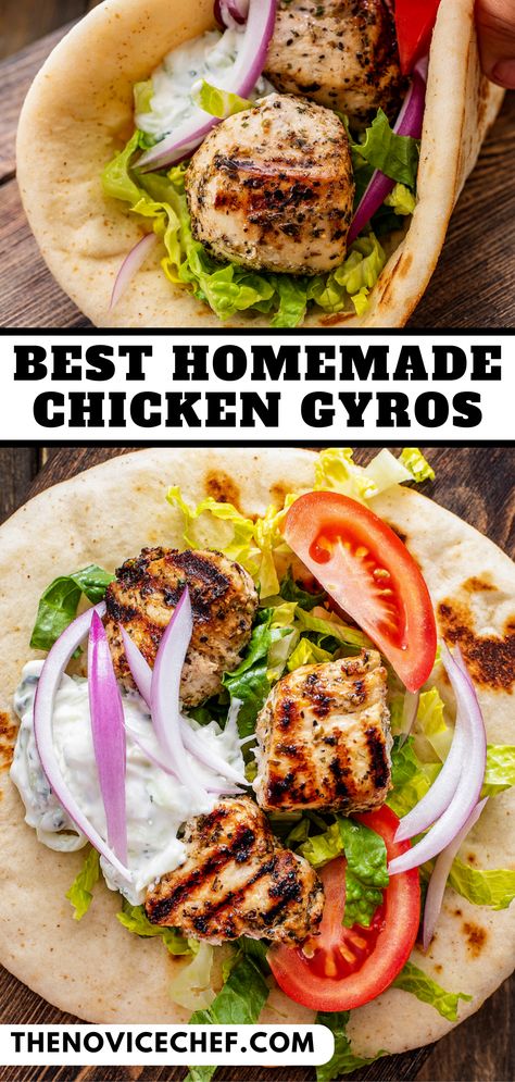 This chicken gyro recipe is packed with juicy marinated chicken, fresh vegetables, and creamy tzatziki sauce. You'll love this comforting Greek dinner! Gyro Sauce Tzatziki Greek Yogurt, Chicken Greek Gyro Recipe, Greek Wraps Chicken Tzatziki Sauce, How To Make Chicken Gyros At Home, Taziki Sauce Recipe Meals, Chicken With Taziki Sauce, Fish Gyro Recipe, Tziki Sauce Chicken, Greek Chicken Sandwich