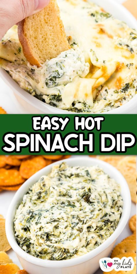 Easy cheesy baked spinach dip is a popular hot appetizer perfect for Christmas, Thanksgiving, New Year's, game day and parties, this easy dip is a gooey crowd pleaser. Easy Baked Spinach Dip, Spinach Dip Crock Pot Easy, Easy Thanksgiving Appetizers Dip, Spinach Feta Dip Baked, Spinach Entree Recipes, Baked Spinach Dip Recipe, Hidden Valley Ranch Spinach Dip Recipe, Spinach Feta Dip, Montana Spinach Dip