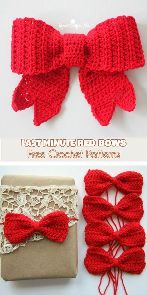 Last Minute Red Bows for Christmas Decorations and Gifts Wrapping [Free Patterns] Follow us for ONLY FREE crocheting patterns for Amigurumi, Toys, Afghans and many more! Crochet Gift Wrapping Ideas, Red Crochet Ideas, Crochet Bows Free Pattern, Crochet Bow Pattern, Crochet Hair Bows, Crocheting Patterns, For Christmas Decorations, Gifts Wrapping, Crochet Xmas