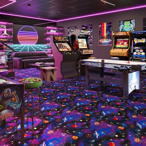 Create a high-energy gaming room that stands apart from the rest and offers a true arcade experience. Arcade Room In House, Home Arcade Room, Cool Basement Ideas Hangout Room, Basement Arcade, Retro Bar Design, Arcade Decor, Vintage Game Room, Retro Game Room, Neon Arcade