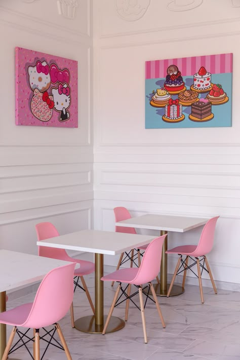 Cute Cafe Interior, Hello Kitty Wallpaper Ideas, Pink Cafe, Maid Cafe, Dream Cafe, Hello Kitty Toys, Irvine California, Kitty Cafe, Bakery Decor