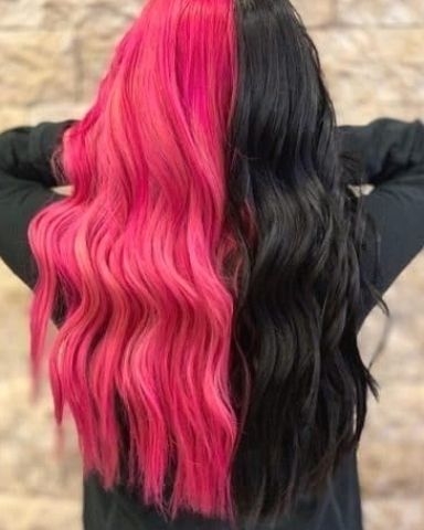 Split Hair Color, Brown And Pink Hair, Trendy We Fryzurach, Half And Half Hair, Split Dye, Pink And Black Hair, Split Dyed Hair, Cute Hair Colors, Creative Hair