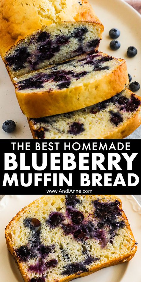 This easy blueberry muffin bread is light, fluffy and packed with flavor. This loaf is always a hit because it isn't too sweet and is still very flavorful. Made with juicy blueberries and an easy muffin-style batter, the loaf isn't too dense and has a bit of a cake texture to it. Blueberry Loaf Bread, Easy Blueberry Bread, Blueberry Quick Bread, Blueberry Muffin Bread, Blueberry Yogurt Muffins, Blueberry Loaf Cakes, Cake Texture, Homemade Blueberry Muffins, Easy Blueberry Muffins