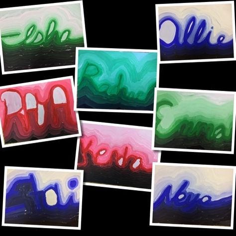 Fifth graders have been creating monochromatic tempera paintings we are calling "Names in Neon," since they resemble the glow of a neon sign... Activities For 1st Graders, Wow Painting, Monochromatic Drawing, 3rd Grade Art Lesson, Monochromatic Painting, Art Handouts, Art Teaching Resources, Artists Painting, Monochromatic Art