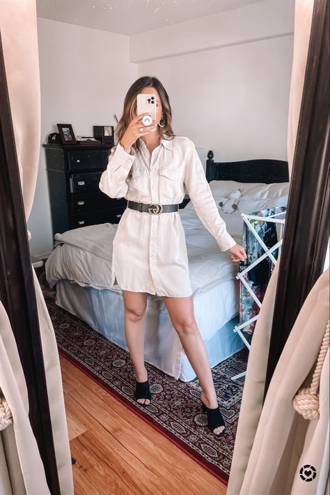 Utility Belt Shirt Dress S Gucci Belt Black Mules http://liketk.it/396IN #liketkit @liketoknow.it #LTKunder50 #LTKstyletip #LTKworkwear Long Shirt With Belt, Belt Dress Outfit, Long Shirt Outfits, Shirt With Belt, Belt Shirt, Collard Shirt, One Piece Shirt, Black Mules, Utility Belt