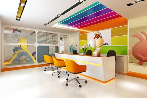 Canadian kindergarten on Behance Reception Area Design, School Reception, Ideas For Kindergarten, Kindergarten Interior, Preschool Designs, School Building Design, Daycare Decor, Daycare Design, Kindergarten Design