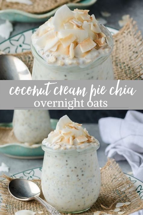 Coconut Cream Pie Chia Overnight Oats Coconut Cream Pie Overnight Oats, Chia Overnight, Chia Pudding Recipes Healthy, Oatmeal In A Jar, Chia Puding, Oats Overnight, Chia Overnight Oats, Oat Recipes Healthy, Chia Recipe