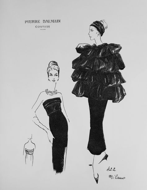 Pierre Balmain A/H 1963-64 "Milano". Croquis de la Maison. Balmain Aesthetic, Fashion Dream Job, Balmain Collection, Wall Pictures, Pierre Balmain, Aesthetic Wall, Fashion Illustrations, Art Portfolio, Dream Job