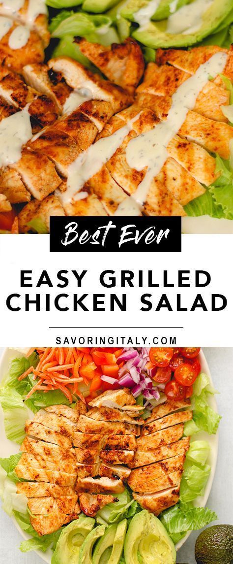 This Simple Grilled Chicken Salad served with Ranch Dressing is a delightful choice for a main course salad. It combines marinated grilled chicken atop a bed of fresh romaine lettuce, creamy avocado, sweet cherry tomatoes, sharp red onions, and vibrant shredded carrots and red peppers. Finished with a dairy-free ranch dressing, it's not only flavorful but healthful too. Grilled Chicken Salad Recipes Easy, Easy Grilled Chicken Salad, Simple Grilled Chicken, Lettuce Salad Recipes, Leafy Salad, Easy Salad Dressing, Easy Grilled Chicken, Shredded Carrots, Healthy Chicken Salad