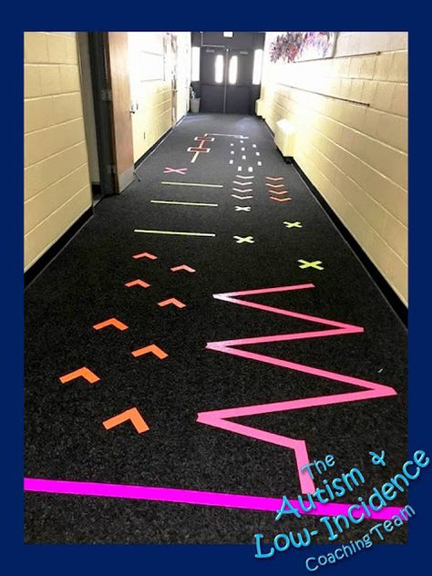 Sensory Hallway School, Sensory Floor Path Ideas, Sensory Hallway Path, Preschool Hallway Ideas, Sensory Path School Hallway, Interactive Hallway, Sensory Hallway, Sensory Stations, Sensory Seeking Behavior