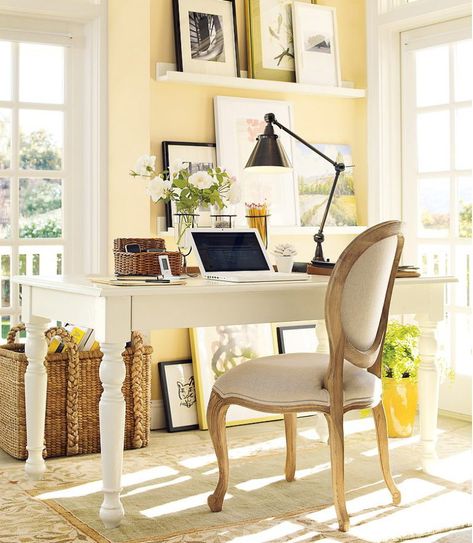 Yellow is Back! Avoid the Mistake Almost Everyone Makes Choosing Yellow Gray Interior Doors, Interior Paint Schemes, Home Office Design On A Budget, Yellow Office, White Desk, Traditional Bedroom, Interior Paint Colors, Home Office Design, Home Office Furniture