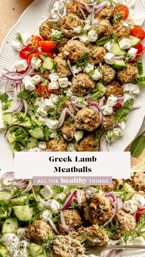 This Greek Lamb Meatballs recipe is full of flavor, easy to make, and super customizable for a family-friendly weeknight dinner. Serve it with a scoop of homemade tzatziki sauce, fresh veggies, and warm pita bread! Lamb Meatballs Greek Tzatziki Sauce, Lamb Meatballs Recipe, Greek Lamb Meatballs, Lamb Meatballs Greek, Greek Lamb, Healthy Kid Friendly Meals, Homemade Tzatziki Sauce, Healthy Appetizer, Healthy Easter