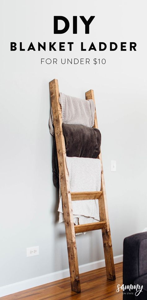 DIY Rustic Blanket Ladder | Sammy On State Rustic Blanket Ladder, Rustic Blankets, Diy Blanket, Rustic Furniture Diy, Diy Rustic Home, Diy Ladder, Diy Blanket Ladder, Outdoor Awnings, Blanket Ladder