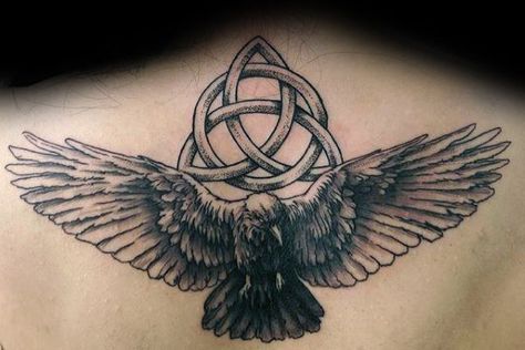 Crow Flying With Triquetra Knot Mens Upper Back Tattoo Raven Back Tattoo, Pentacle Tattoo, Triquetra Tattoo, Upper Shoulder Tattoo, Trinity Knot Tattoo, Rabe Tattoo, Trinity Tattoo, Crow Flying, Celtic Knot Tattoo