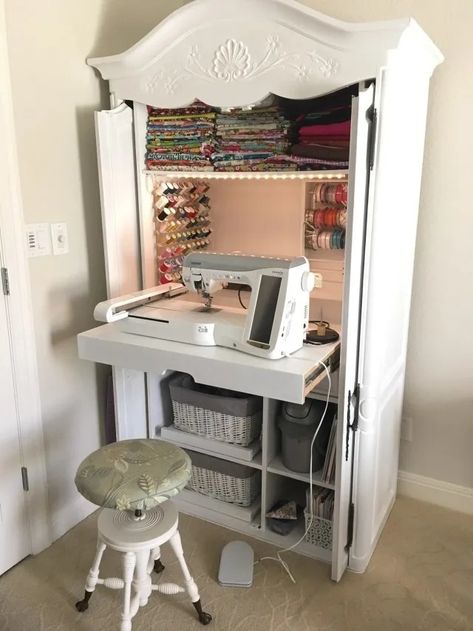 15 Repurposed Armoire Ideas - Furniture Makeovers You Need to See Ikea Armoire, Sewing Room Organization Diy, Armoire Ideas, Armoire Diy, Armoire Pax, Sewing Station, Craft Table Diy, Sewing Room Storage, Armoire Wardrobe