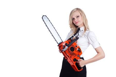 Picture of Businesswoman with chainsaw isolated on white stock photo, images and stock photography. Image 51100430. Holding Chainsaw Pose Reference, Body Reference Drawing Anatomy, Chainsaw Pose, Chainsaw Reference, Chainsaw Character, Lightning Reference, Basic Poses, Body Reference Poses, Mini Comic