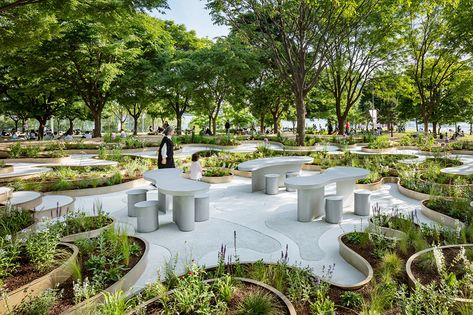 multi-layered maze-like public garden by studiorebuild coils around river park's trees in seoul Park Design Landscape Public Spaces, Bioswale Design, Urban Park Design, Library Courtyard, Park Landscape Design, Public Park Design, Landscape Plaza, Naturalistic Garden, Plaza Design