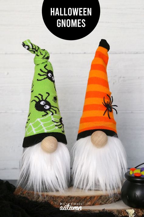 These adorable Halloween sock gnomes are made from a cute pair of socks and a craft cone! Once you make them you can swap out the hat for any holiday or season. Halloween Gnomes Diy, Hallowen Crafts, Gnomes Halloween, Sock Gnomes, Gnome Crafts, Gnome Diy, November Crafts, Halloween Gnomes, Halloween Sewing