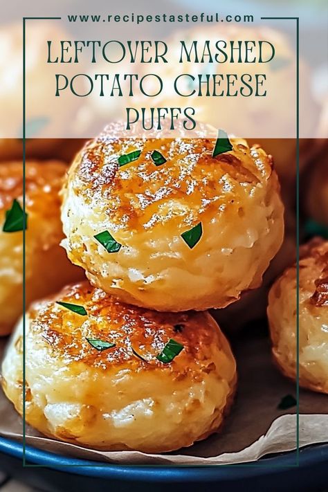 These delicious and crispy cheese puffs are a perfect way to use up leftover mashed potatoes. With a cheesy interior and a crunchy exterior, they make a delightful snack or side dish that everyone will love! Recipes For Leftover Mashed Potatoes Ideas, Mash Potato Leftovers, Brunch Potatoes Recipes, Using Up Leftover Mashed Potatoes, Leftover Mashed Potatoes Cheese Puffs, Leftover Mashed Potato Ideas, How To Use Up Leftover Mashed Potatoes, Creamy Potato Puffs, Things To Do With Leftover Mashed Potatoes