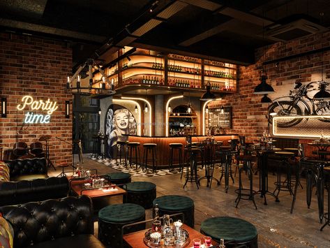 Restaurant With Bar Interior Design, Heritage Bar Design, Cafe Design Classic, Underground Bar Design, Vintage Bar Design Interiors, Classical Cafe Design, Warehouse Club Design, Cosy Bar Interior, Industrial Design Bar