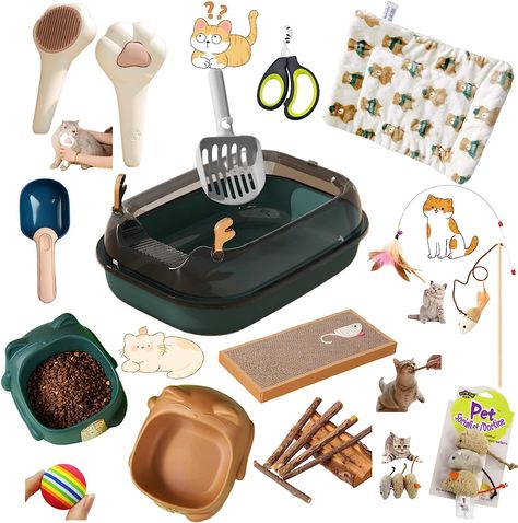 【Convenient for Cat Owners】Customized kitten starter kit for new owners.Covers all indoors activities.This perfect cat starter pack is a great gift. 【Cat Essentials Kit】16 in 1 cat super value essential kit includes: fuzzy blanket,large detachable litter box with litter shovel,2 pet bowls with food spoon,pet grooming brush and nail clipper,8 toys. 【Interactive Kitten Toys】8 Toys: (cat scratch board,cat tease sticks, emulated fluffy mice,natural silvervine sticks and rainbow ball) Kitten Essentials, Cat Essentials, Welcome Home Gifts, Box Toys, Fuzzy Blanket, Kitty Stuff, Kitten Toys, Tools And Toys, Cat Scratch