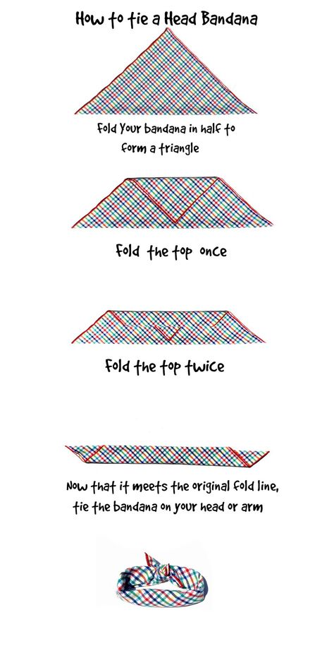 How to tie a head or arm bandana How To Fold A Bandana Headband, How To Wrap A Bandana On Your Head, Ways To Fold Bandanas, Bandana Bracelet Tutorial, Slayer Bandana Style, How To Tie A Bandana Headband, Mens Bandana Style Head Wraps, How To Wear A Bandana On Your Head, How To Make Bandana Headband