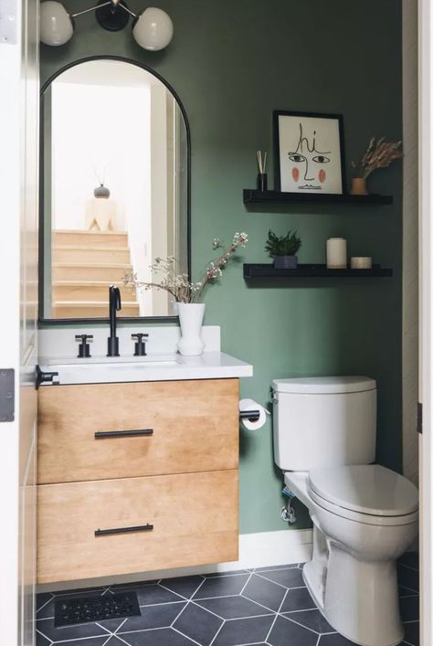 Green Small Bathrooms, Green Powder Room, Small Bathroom Paint, Mid Century Modern Bathroom, Powder Room Makeover, Powder Room Design, Downstairs Bathroom, Basement Bathroom, Toilet Storage