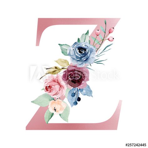 Floral alphabet, letter Z with watercolor flowers and leaf. Monogram initials perfectly for wedding invitations, greeting card, logo, poster and other design. Hand painting.  - Buy this stock illustration and explore similar illustrations at Adobe Stock Bridesmaid Cosmetic Bag, Floral Monogram Letter, Leaf Monogram, Alfabet Letters, Logo Poster, Floral Alphabet, Personalized Makeup Bags, Personalized Baby Girl, Letter Z