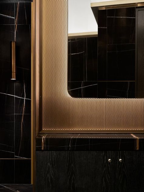 The #backlit micro #perforated #metal panel creates an elaborate frame of depth around the restroom mirrors. 
Sean Connolly at Dubai Opera by Alexander & Co Gym Interiors, Dubai Opera, Industrial Office Furniture, Diy Deck Furniture, Restroom Design, Joinery Details, Luxury Furniture Design, Vogue Living, Australian Architecture