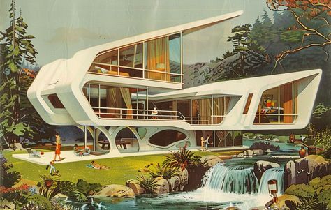 Retro Sci Fi Architecture, Retro Futuristic House Exterior, Retro Futurism House Exterior, Futuristic House Design Exterior, Futuristic House Exterior, Vintage Futurism Aesthetic, Retro Futuristic House, 50s Futurism, Retro Futuristic Architecture