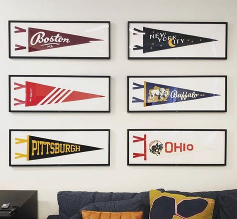 Add A Frame to Your Oxford Pennant #USA #madeinUSA #americanproduct #americanmade #oxfordpennant #buffalo #americandesign #vintage #homedecor #homedecorideas #walldecor #giftidea #inspirational #homegoods #pennant #feltpennant #interiordesign #americana #sports #traveling #schoolspirit #visualmerchandising #decoration #design #wallart #walldesign #bedroomdecor #officedecor #livingroomdecor #framed Sports Pennant Display Ideas, Vintage Baseball Room, Vintage Sports Decor, College Pennants, Sports Room Boys, Baseball Pennants, Oxford Pennant, College Flags, Hangout Room