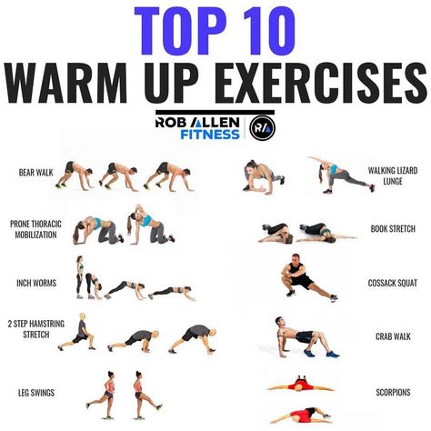 Top 10 Warm Up Exercises. Before your workout it’s always a good idea to warm up. Some light cardio to get the blood flowing, some foam rolling and some dynamic stretching or movement targeting the areas you’ll be working out. You want to prepare your body for what you’re about to do to it - you know, get it in the mood. These ones are a few of my favourites but there are many many more! They are extremely important, not only for your performance, but also to prevent injuries. Warm Ups Before Workout, Warm Up Exercises, Warm Up Stretches, Dynamic Warm Up, Arm Workout Women, Dynamic Stretching, Warm Up Routine, Muscle Abdominal, Workout Warm Up