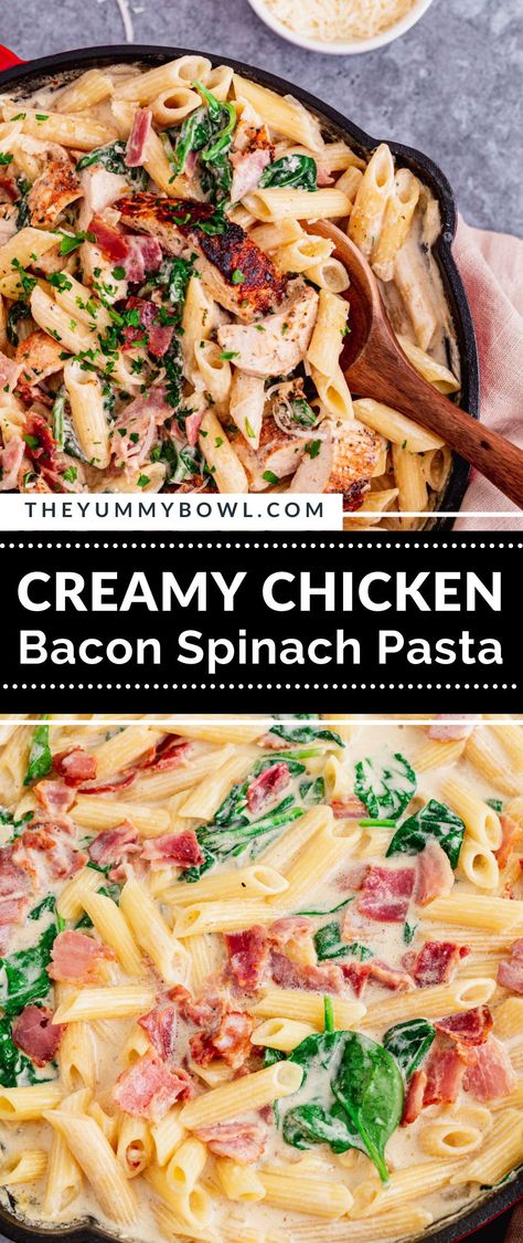 Chicken Bacon Spinach Pasta Recipes, Creamy Chicken Bacon Spinach Pasta, Spinach Bacon Chicken Pasta, Chicken Bacon Spinach Penne Pasta, Creamy Chicken Recipes With Spinach, Pasta Spinach Chicken Recipes, Cooked Chicken And Spinach Recipes, Creamy Chicken Spinach Pasta Recipes, Chicken Bacon Spinach Alfredo