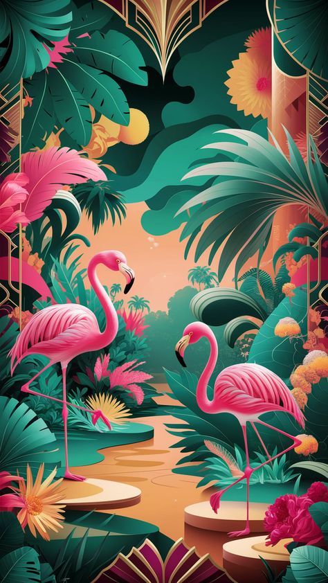 Dive into a vibrant tropical paradise with our digital illustration, where pink flamingos gracefully dance among oversized foliage. This Fauvist-inspired artwork blends deep greens, bright pinks, and sunny yellows, infused with Art Deco elegance and surreal elements like floating palm trees. Perfect for stylish wallpaper, this piece radiates warmth, joy, and exotic beauty. #TropicalArt #DigitalIllustration #Fauvism #ArtDeco #Flamingos Tropical Jungle Illustration, Flamingos Art Illustration, Surreal Elements, Flamingo Illustration, Jungle Illustration, Stylish Wallpaper, Flamingo Art, Tropical Party, Tropical Art