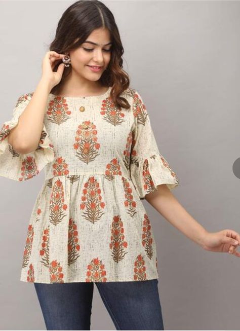 Floral print top with bell slive Cotton Tops For Jeans, Trendy Cotton Tops, Short Kurti Designs, Cotton Short Tops, Cotton Tops Designs, Simple Kurta Designs, Simple Kurti Designs, Tunic Designs, Long Kurti Designs