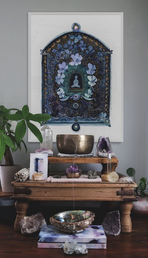 Emerald Alchemy was created in a tranquil and meditative space. This peaceful altar was painted in shades of indigo and deep teal with shimmering golden accents reminiscent of my favorite singing bowls. Crafted with the utmost care, painted with professional-grade watercolors on archival hot-press watercolor paper. As if infused with a touch of magic, each painting is charged with crystals and imbued with Reiki Energy, ensuring that they carry an essence of healing and positive intention. While Reiki Altar Ideas, Wall Altar Ideas, Healing Paintings Spiritual, Bohemian Altar, Witches Altar Ideas, Altar Ideas Witchcraft, Altar Table Ideas, Shrines And Altars Ideas, Spiritual Room Meditation Space