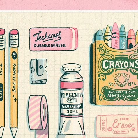 Eve Anderson draws on Instagram: "Some of my favourite art supplies 💗 so delighted to see @thetuesdaycollective theme this week... Crayons! Such a favourite but also had to include erasers, washi tape and all that other good stuff! I've been getting back into my sketchbook practice this week, thanks to a few sketch sessions with friends. That's where this illustration first started and weirdly it didn't change too much in the transition to digital. I think this may have also came from the fact that I'm a recovering art supply addict 🙃 I've gotten my habit a bit more under control and found drawing them almost as satisfying as buying them! 😆 #thetuesdaycollective #artsupplies #crayonillustration #retroillustration #artlicensing" Art Supply Illustration, Washi Tape Illustration, Washi Tape Art, Sketchbook Practice, Tape Art, My Sketchbook, Art Supply, Art Licensing, Retro Illustration