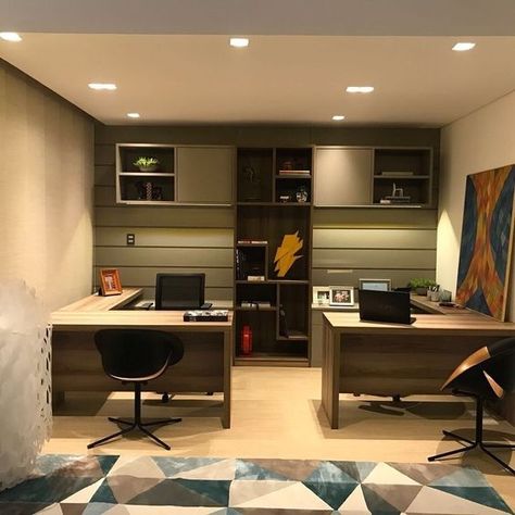 Home Office Extra Storage, Dual Home Office Design, Home Office Front And Back Desk, Office Interior Design 2 Desk, Office Layout 2 Desks, Trending Office Decor, Home Office With 2 Desks And Couch, 2 Desks Home Office, Small Office Design Interior 2 Desk