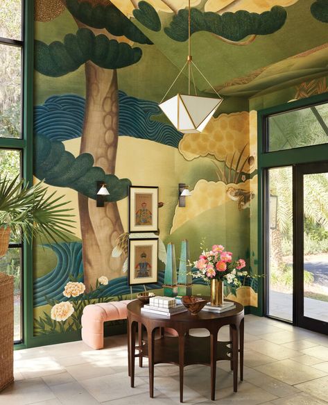 How to Transform a Room with Murals Contemporary Foyer, Entrance Foyer Design, Large Lantern, Interior Murals, Small Entryways, Large Lanterns, Foyer Design, Entry Way Design, Lantern Wall